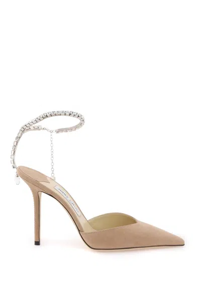 Jimmy Choo Elegant Beige Suede Pumps With Crystal Ankle Strap For Women In White