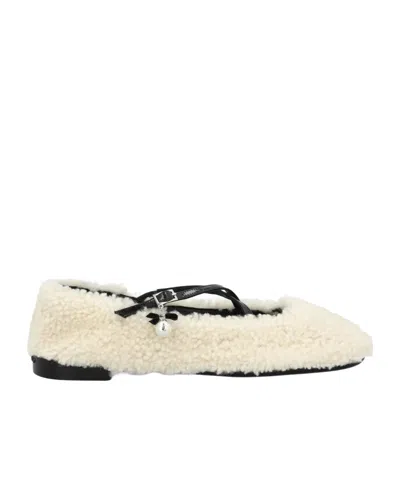 Jimmy Choo Eleri Embellished Patent Leather-trimmed Shearling Ballet Flats In Neutral