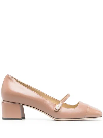 Jimmy Choo Elisa 45 Embellished Patent-trimmed Leather Mary Jane Pumps In Beige
