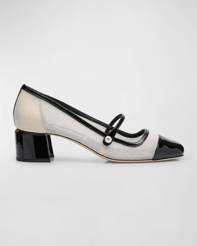 Jimmy Choo Elisa Mesh Patent Mary Jane Ballerina Pumps In Black/latte