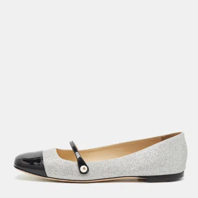 Pre-owned Jimmy Choo Elisa Size 39.5 Silver/black Glitter And Patent Leather Ballet Flats