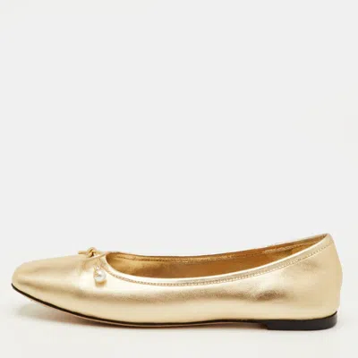 Pre-owned Jimmy Choo Elme Bow Size 39 Metallic Gold Leather Ballet Flats