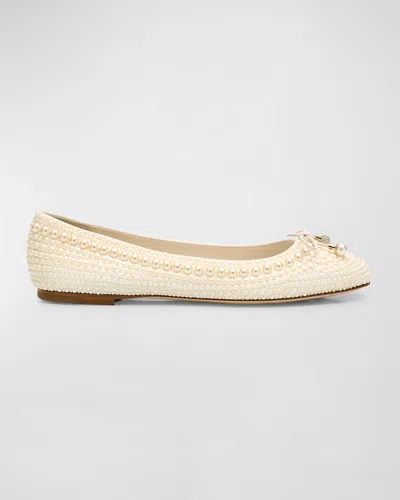 Jimmy Choo Elme Pearly Stud Bow Ballerina Flats In White