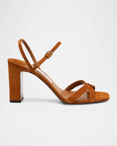 Jimmy Choo Elsy 85 Suede Block-heel Sandals In Brown