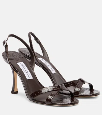 Jimmy Choo Elsy 90 Croc-effect Leather Sandals In Brown
