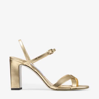 Jimmy Choo Elsy Block Heel 85 Gold Metallic Nappa Leather Sandals Silver 40