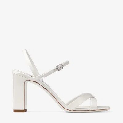 Jimmy Choo Elsy Block Heel 85 Ivory Satin Sandals With Crystal-embellished Buckle Biege 39.5 In White