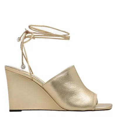 Jimmy Choo Elyna 85 Metallic Wedge Sandals In Gold