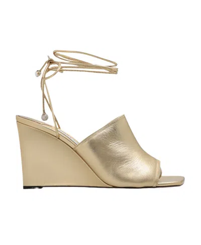 Jimmy Choo Elyna 85 Wedge Sandals In Metallic Nappa Leather In Gold