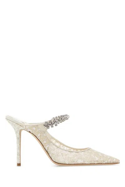 Jimmy Choo Embellished Mesh Bing 100 Mules In White