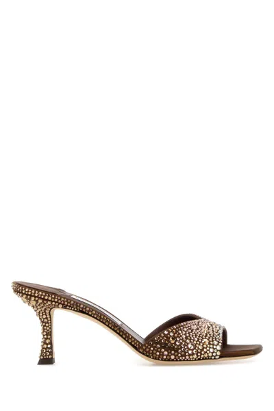 Jimmy Choo Embellished Satin Skye Mules In Brown