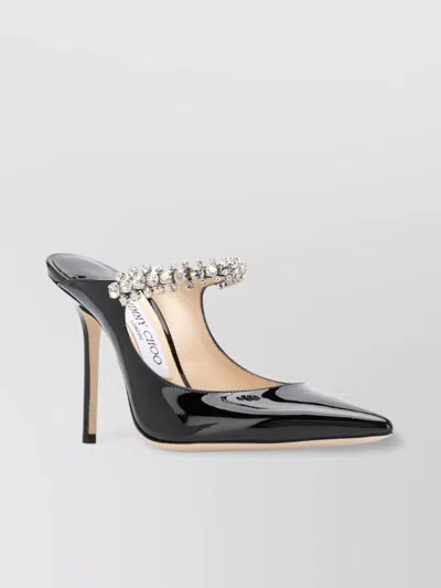 JIMMY CHOO EMBELLISHED STRAP PATENT FINISH POINTED TOE MULES