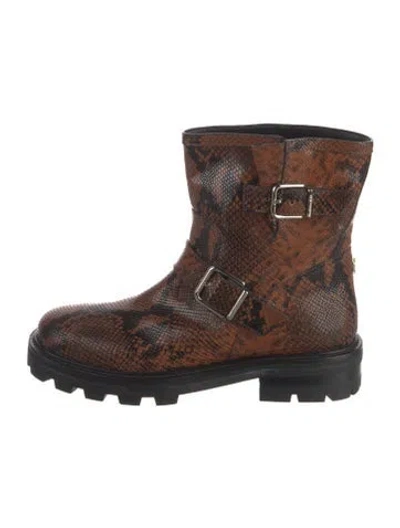 Pre-owned Jimmy Choo Embossed Leather Animal Print Moto Boots In Brown