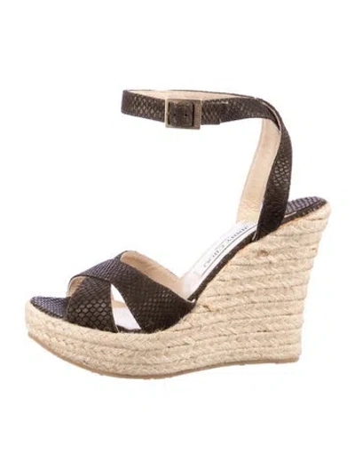 Pre-owned Jimmy Choo Embossed Leather Braided Accents Espadrilles In Brown