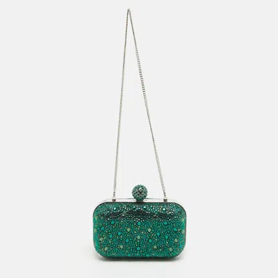Pre-owned Jimmy Choo Emerald Suede Crystal Embellished Cloud Chain Clutch In Green