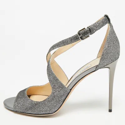 Pre-owned Jimmy Choo Emily Size 40 Grey Coarse Glitter And Leather Ankle Strap Sandals In Gray