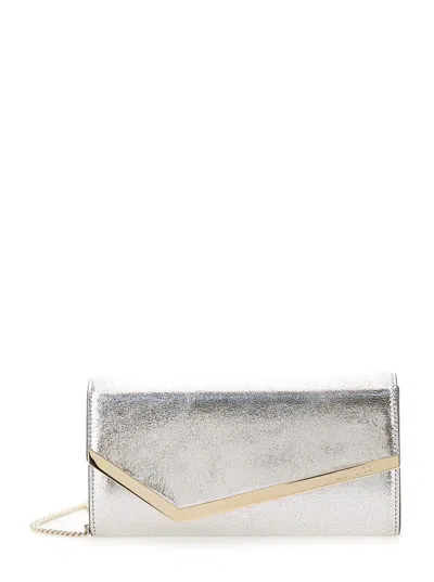 Jimmy Choo Emmie Champagne Clutch With Chain In Laminated Leather Woman In Gray
