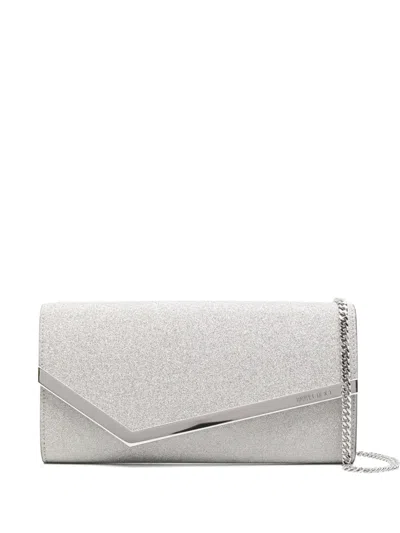 Jimmy Choo Emmie Glitter Chain Clutch Bag In Silver