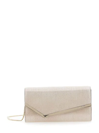 Jimmy Choo Emmie Metallic Clutch With Chain-link Shoulder Strap And Embossed Logo Lettering On The Front In Lea In Neutral