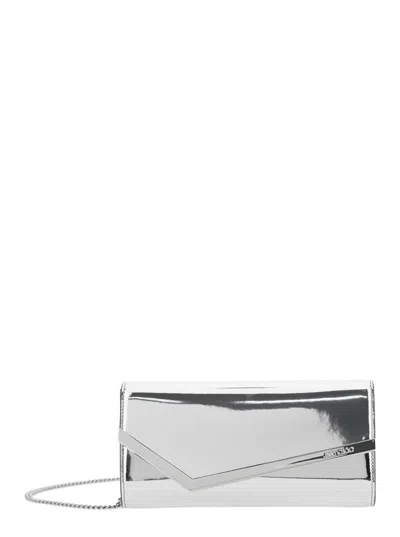 Jimmy Choo 'emmie' Metallic Envelope Clutch With Logo Lettering On The Front And Chain-link Shoulder Strap