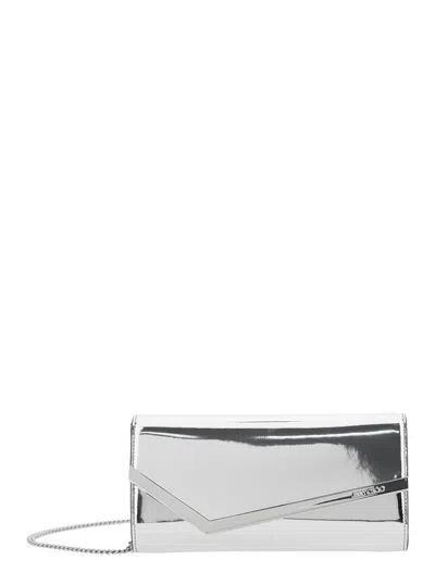 Jimmy Choo 'emmie' Metallic Envelope Clutch With Logo Lettering On The Front And Chain-link Shoulder Strap In L In Gray
