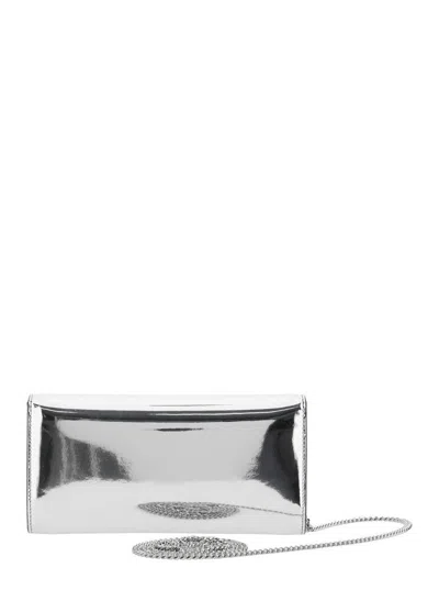 Jimmy Choo 'emmie' Metallic Envelope Clutch With Logo Lettering On The Front And Chain-link Shoulder Strap In L In Grey