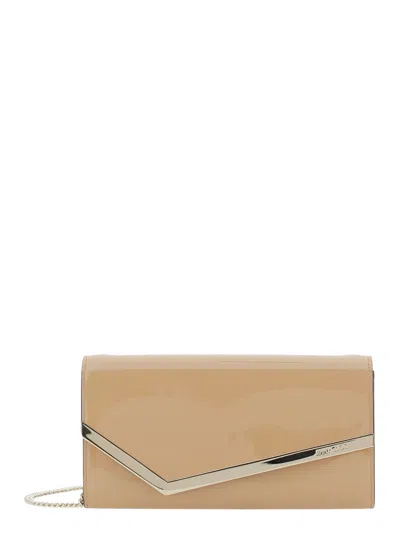 Jimmy Choo Emmie Patch Mini Studded Leather-trim Clutch With Zip Closure In Beige