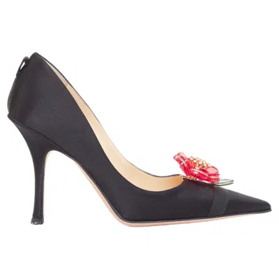 Jimmy Choo Entice Satin Red Flower Brooch Pumps In Black