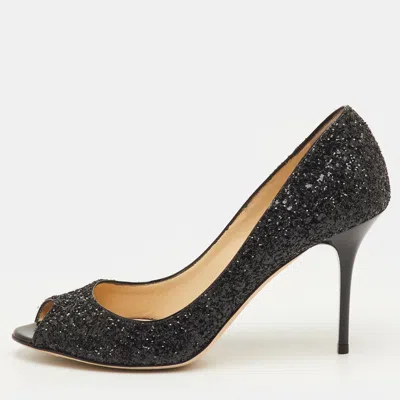 Pre-owned Jimmy Choo Evelyn Size 39 Black Glitter Peep Toe Pumps