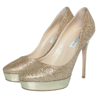Pre-owned Jimmy Choo , Fabric Glitter Platform Pumps In Gold