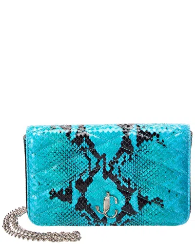 Jimmy Choo Farone Snake-embossed Leather Wallet On Chain In Blue
