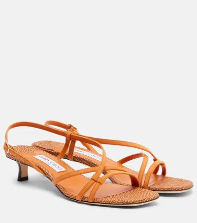 Jimmy Choo Farris Raffia-trimmed Leather Sandals In Orange
