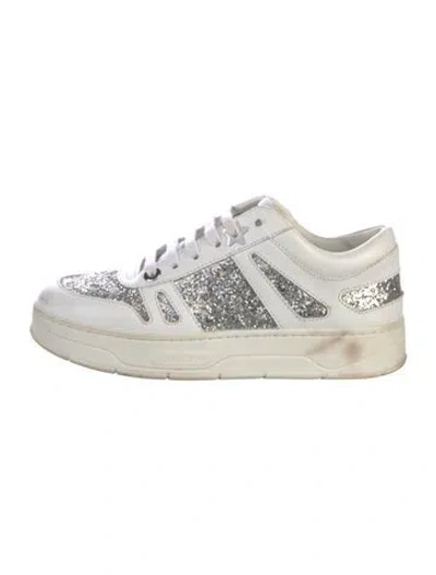 Pre-owned Jimmy Choo Faux Pearl Accents Glitter Sneakers In White