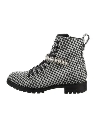 Pre-owned Jimmy Choo Faux Pearl Accents Houndstooth Print Combat Boots In Black