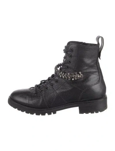 Pre-owned Jimmy Choo Faux Pearl Accents Leather Combat Boots In Black