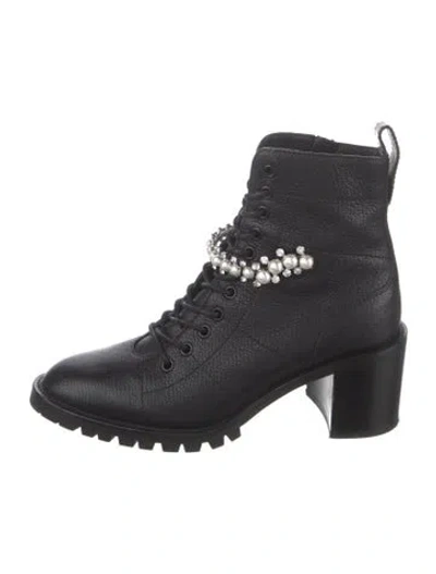 Pre-owned Jimmy Choo Faux Pearl Accents Leather Combat Boots In Black