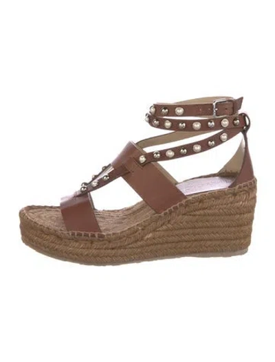 Pre-owned Jimmy Choo Faux Pearl Accents Leather Espadrilles In Brown