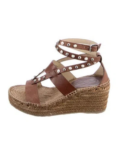 Pre-owned Jimmy Choo Faux Pearl Accents Leather Espadrilles In Brown