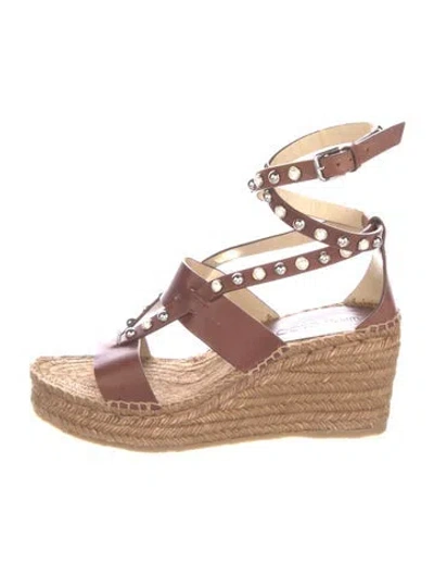 Pre-owned Jimmy Choo Faux Pearl Accents Leather Espadrilles In Brown