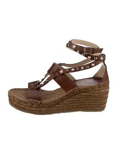 Pre-owned Jimmy Choo Faux Pearl Accents Leather Espadrilles In Brown