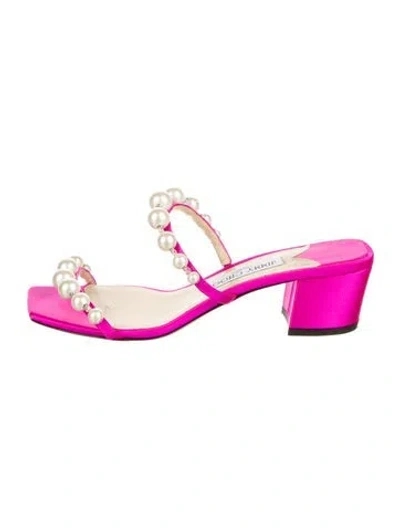 Pre-owned Jimmy Choo Faux Pearl Accents Satin Slides In Pink