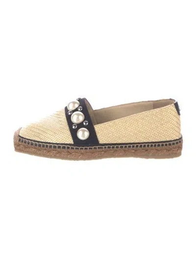 Pre-owned Jimmy Choo Faux Pearl Accents Straw Espadrilles In Neutrals