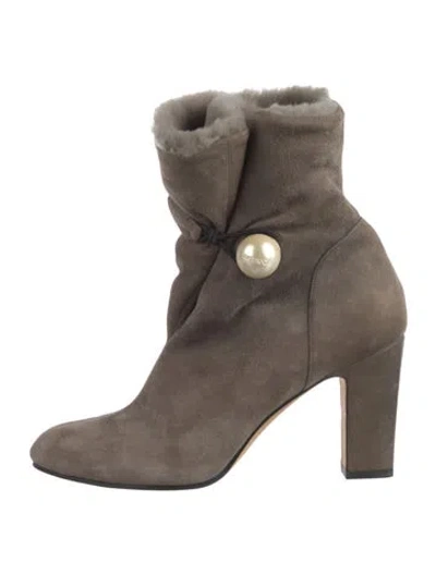 Pre-owned Jimmy Choo Faux Pearl Accents Suede Boots In Gray