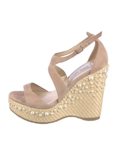 Pre-owned Jimmy Choo Faux Pearl Accents Suede Espadrilles In Neutral