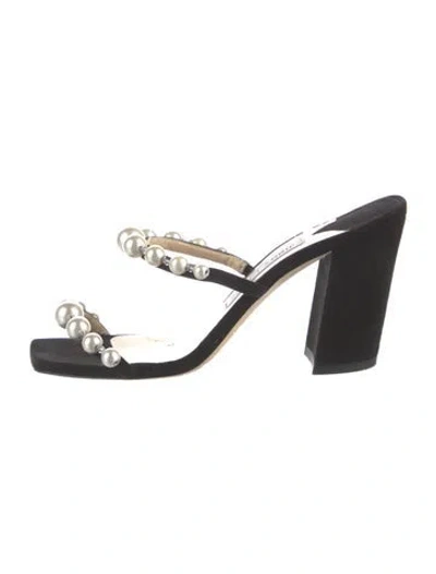 Pre-owned Jimmy Choo Faux Pearl Accents Suede Mules In Black