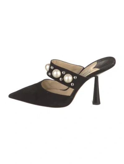 Pre-owned Jimmy Choo Faux Pearl Accents Suede Mules In Black