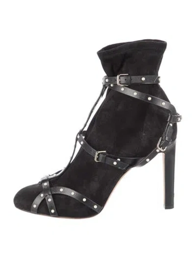 Pre-owned Jimmy Choo Faux Pearl Accents Suede Sock Boots In Black