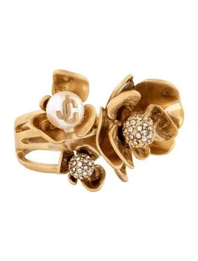 Pre-owned Jimmy Choo Faux Pearl & Crystal Flower Cocktail Ring In Multicolor