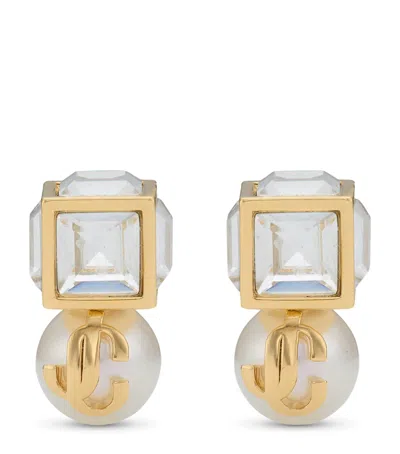 Jimmy Choo Faux Pearl Cube Logo Earrings In Gold