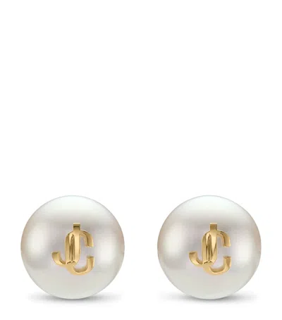 Jimmy Choo Faux Pearl Logo Stud Earrings In Gold